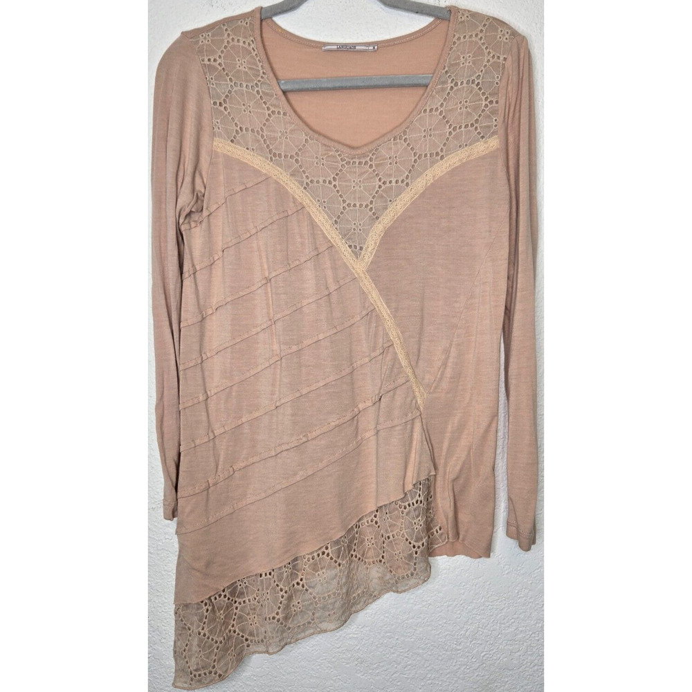 Language Womens Top Medium Light Pink Asymmetric Pintuck Lace Eyelet‎ Boho Flowy